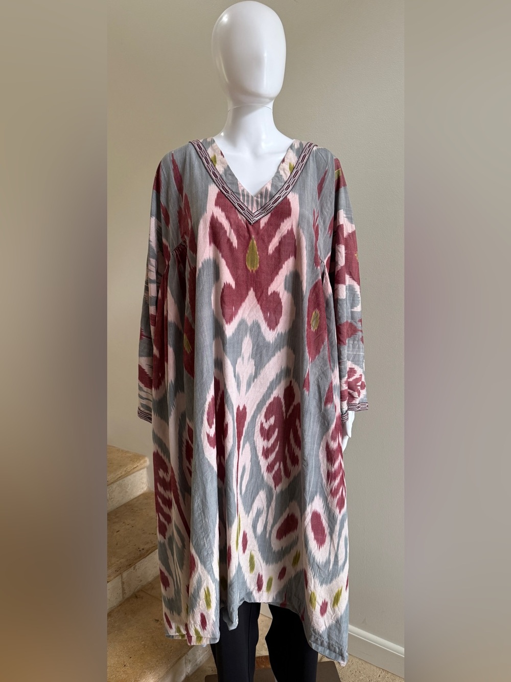 BIBI HANUM Tashkent Silk Cotton Tie-Dyed V-Neck Dress Caftan